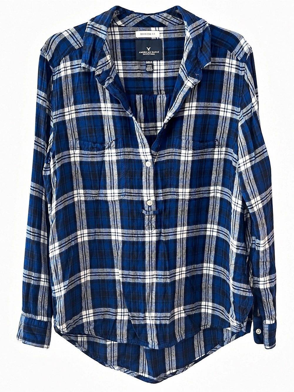 American Eagle Outfitters Boyfriend Fit Plaid Flannel Shirt Blue & White Large